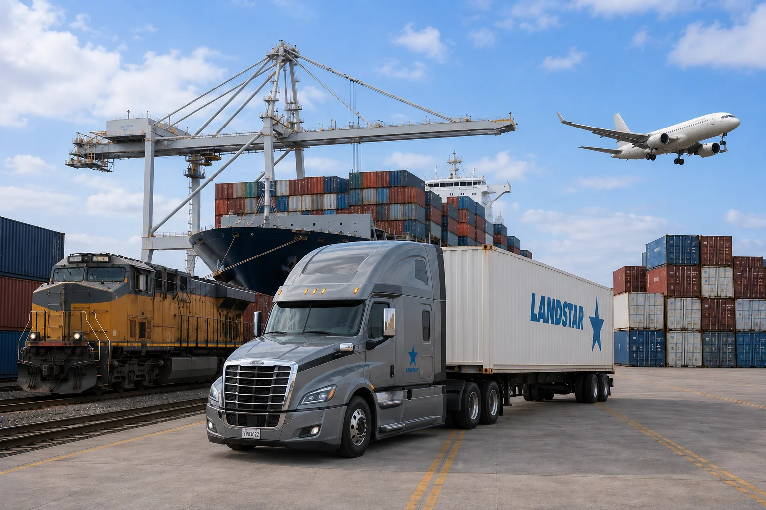 Intermodal containers staged for the rail-to-truck handoff.